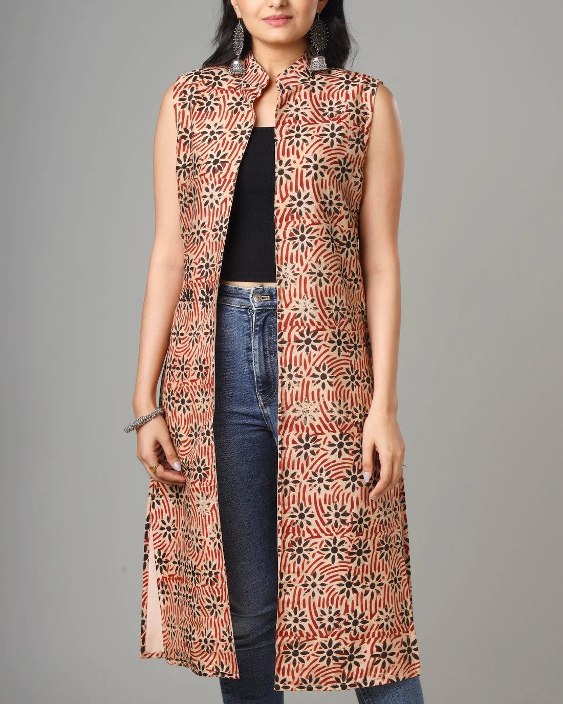 Peach Colour Printed Long Jacket For Women's