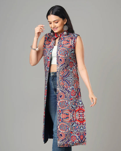 Navy Blue Colour Printed Long Jacket For Women's