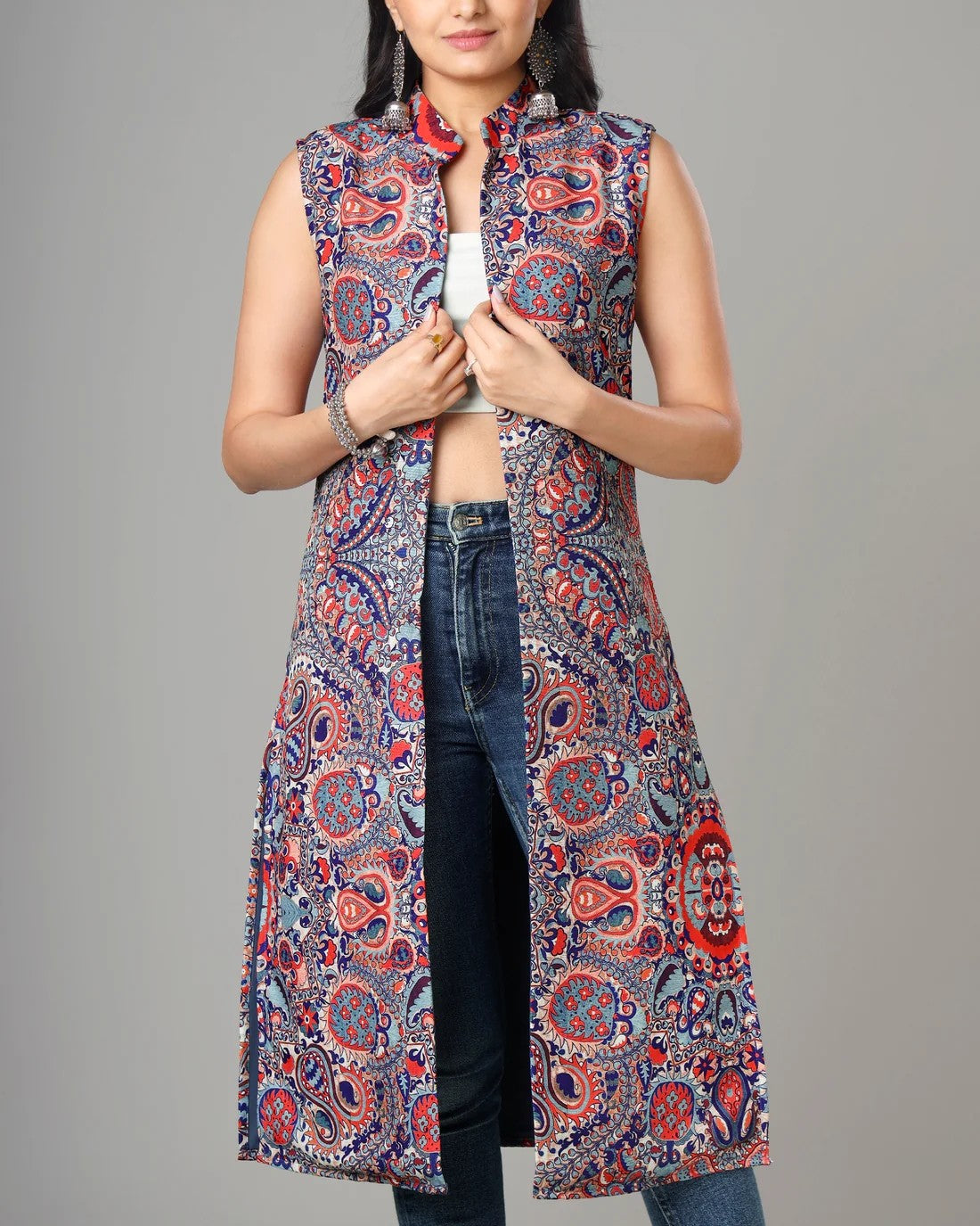 Navy Blue Colour Printed Long Jacket For Women's