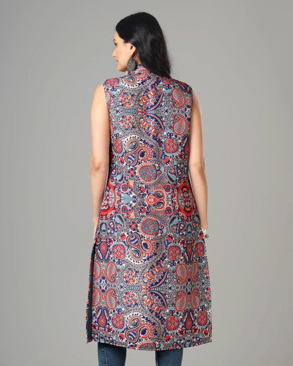 Navy Blue Colour Printed Long Jacket For Women's