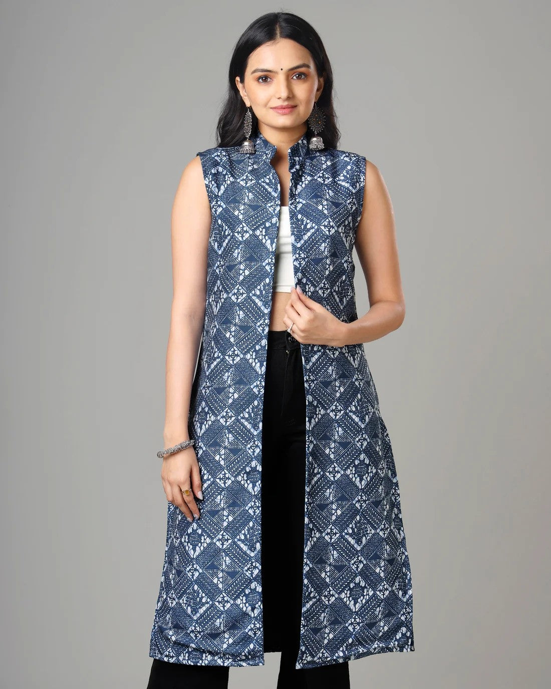 Indigo Printed Long Jacket For Women's