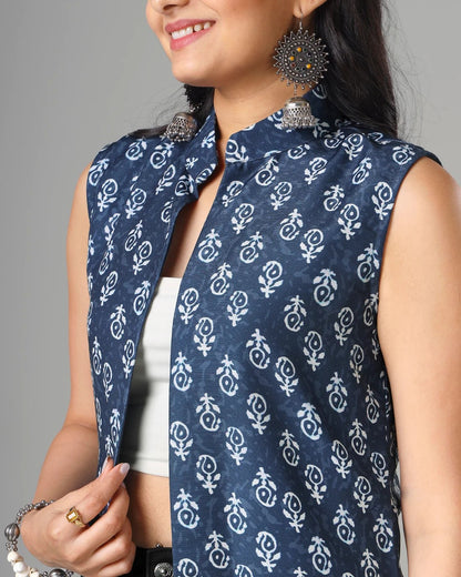 Indigo Printed Long Jacket For Women's