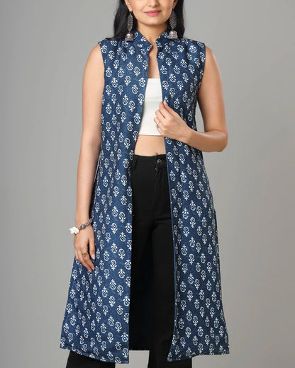 Indigo Printed Long Jacket For Women's