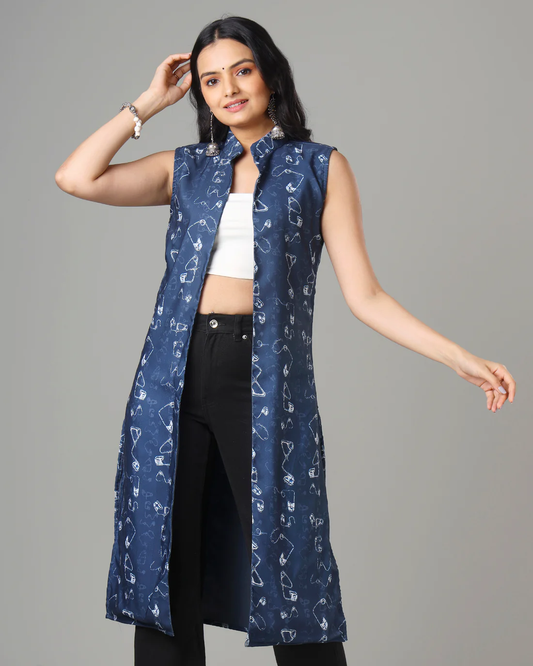 Indigo Printed Long Jacket For Women's