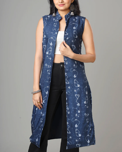 Indigo Printed Long Jacket For Women's