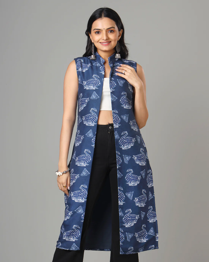 Indigo Printed Long Jacket For Women's