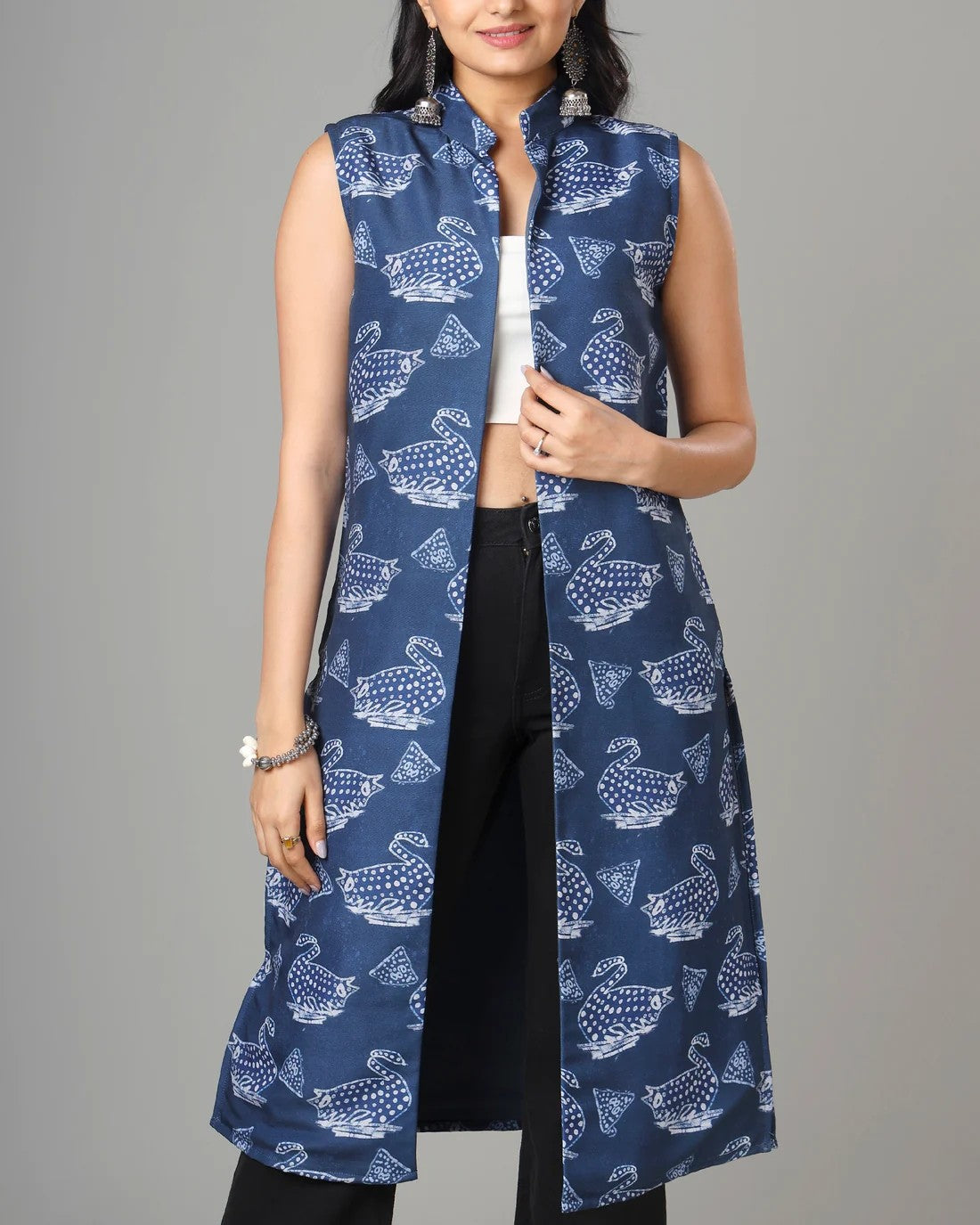 Indigo Printed Long Jacket For Women's