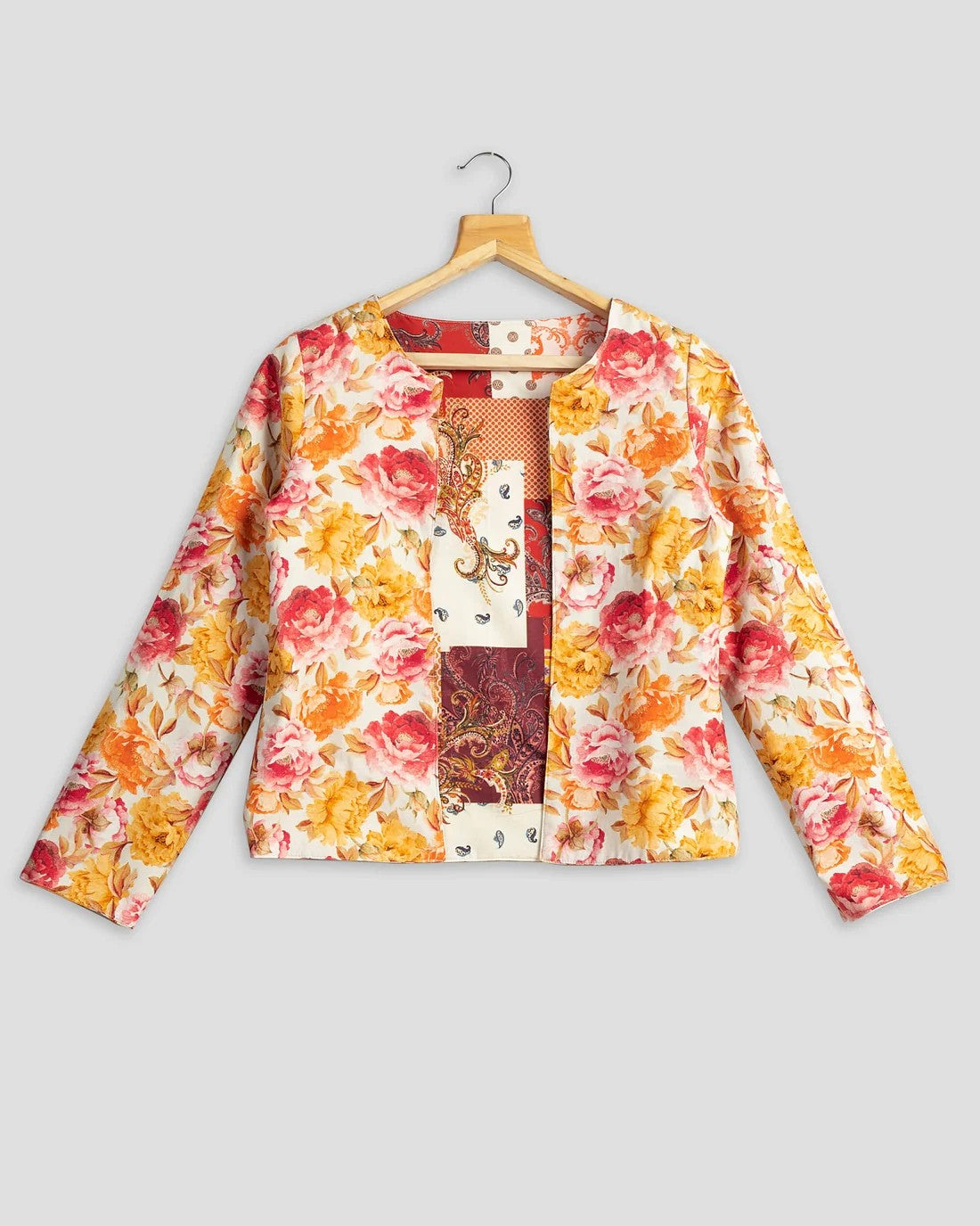 Yellow & Red Colour Floral Printed Double Sided Wear Jacket For Women's