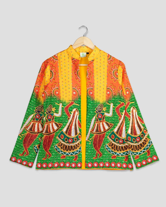 Yellow Colour Gamthi Printed Jacket For Women's