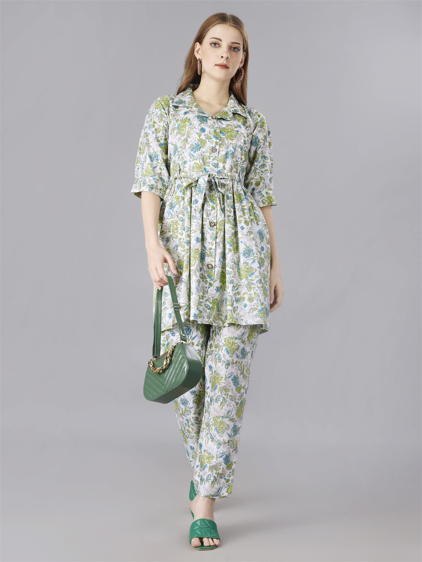 Printed Green2-Piece Shirt & Trousers Set