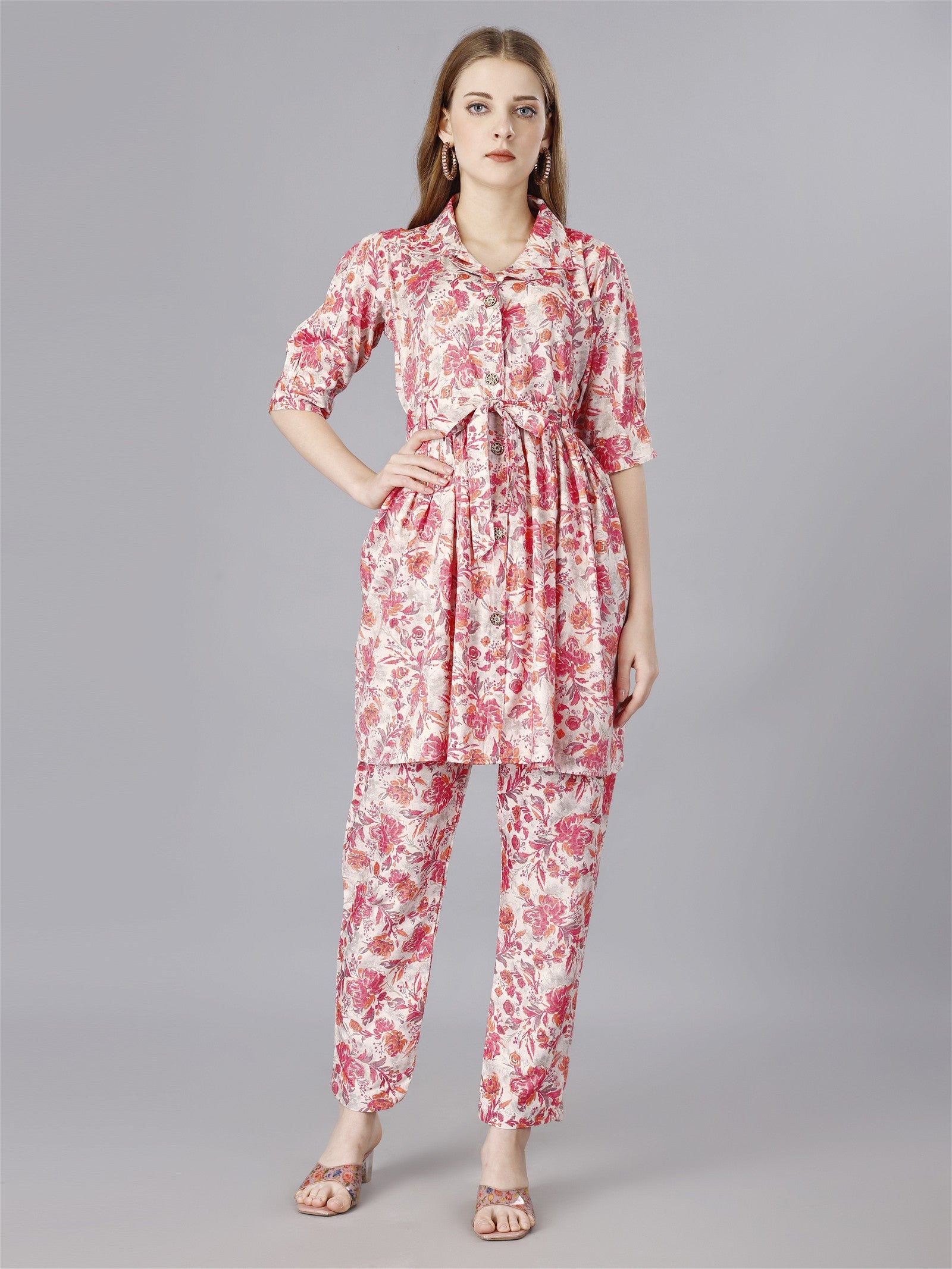 Printed pink 2-Piece Shirt & Trousers Set