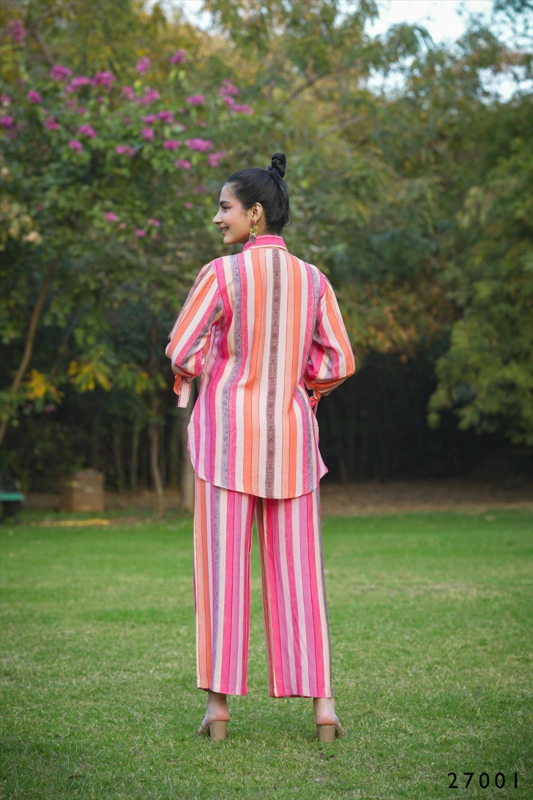 Multi Mull Cotton Candy Stripes Button Down Shirt With Palazzo Co-ord Set