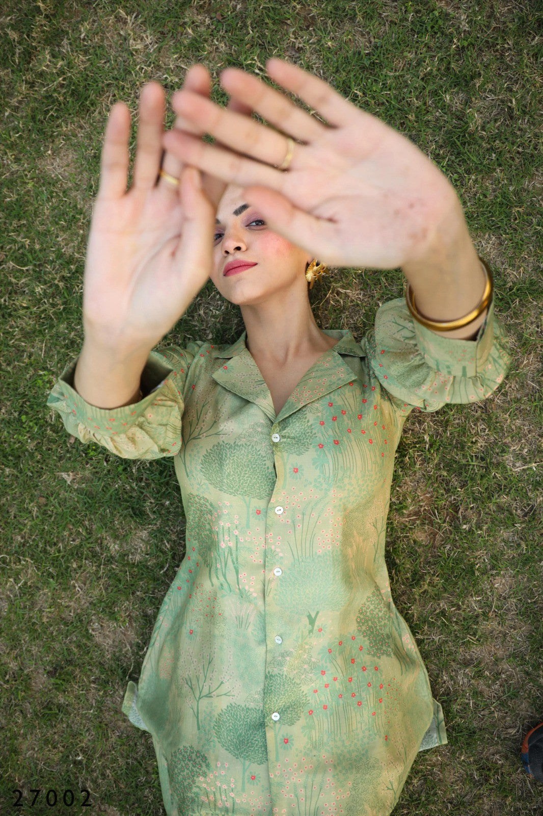 Green Digital Print Button Down Shirt With Palazzo