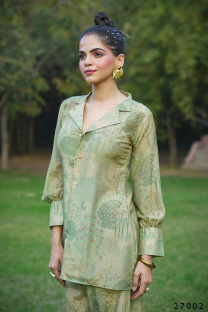 Green Digital Print Button Down Shirt With Palazzo