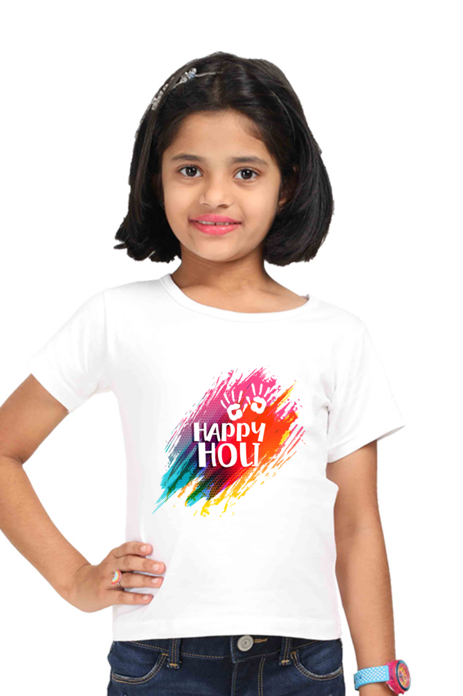 Happy Holi: Hand Stamps on Colorful Background Girls' Tee"