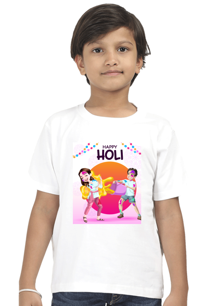 Colorful Surprise: Kids' Happy Holi Tee with Color Splash