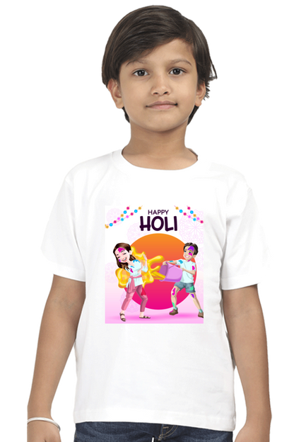 Colorful Surprise: Kids' Happy Holi Tee with Color Splash