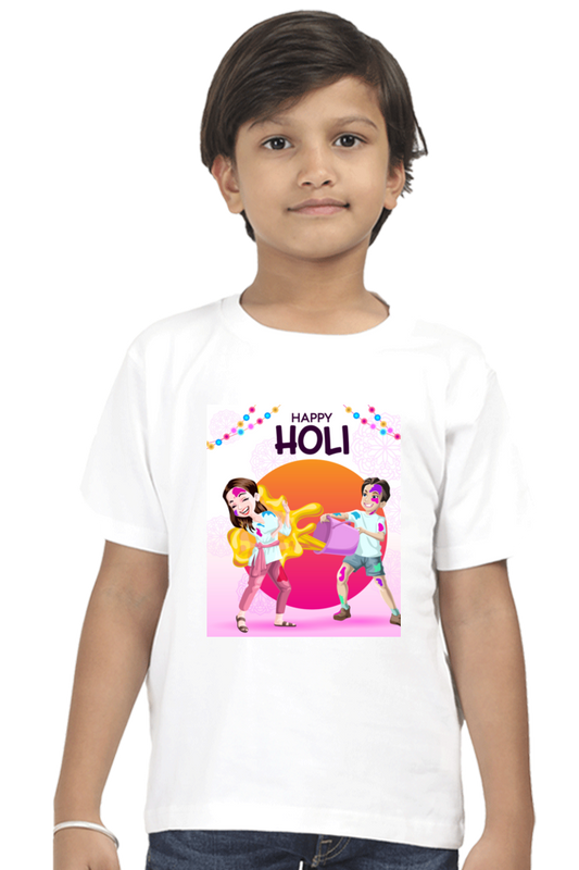 Colorful Surprise: Kids' Happy Holi Tee with Color Splash