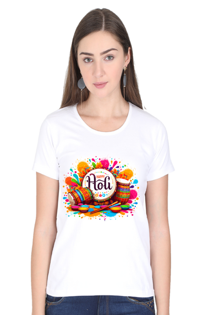 Rhythmic Holi Delight: Dhol & Colors Womens Tee